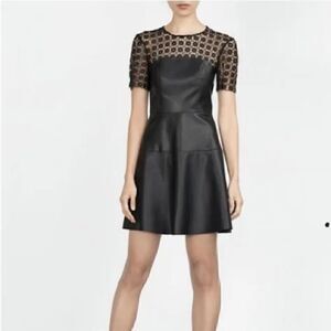 Zara Black Faux Leather & Eyelet Lace Short Sleeve Mini Dress. Size XS.
